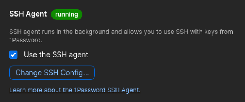 1Password developer settings page showing SSH Agent checkbox