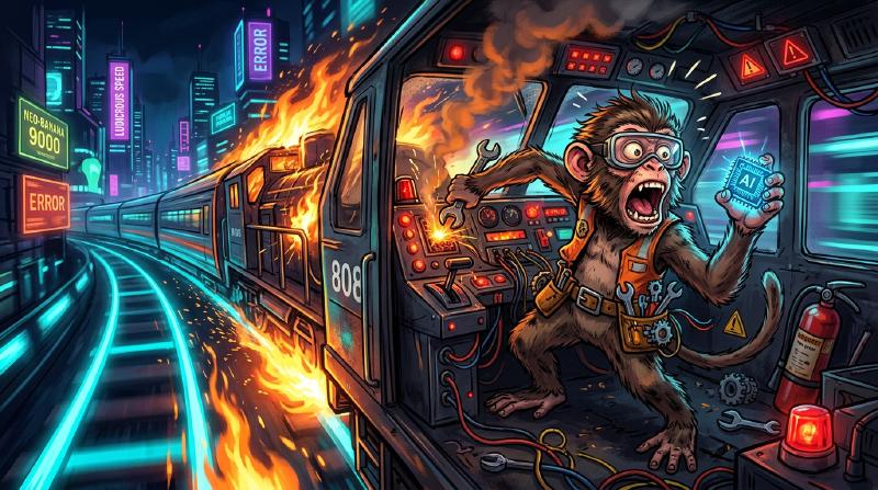 A panicked monkey engineer in goggles holding an AI chip trying to fix a burning train speeding at ludicrous speed