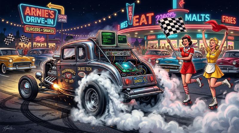 A 1950s American Graffiti style hot rod with green screen monitors doing a tire burnout at a neon drive-in while roller skating car hops cheer