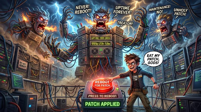 Furious No Reboot Uptime Gods made of old server racks screaming in rage as sysadmin smashes Reboot for Patch button