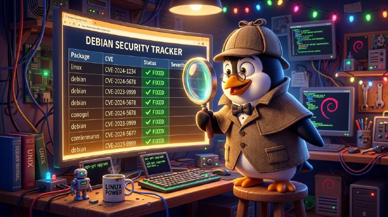 Debian Linux penguin dressed as Sherlock Holmes inspecting the Debian Security Tracker with a magnifying glass