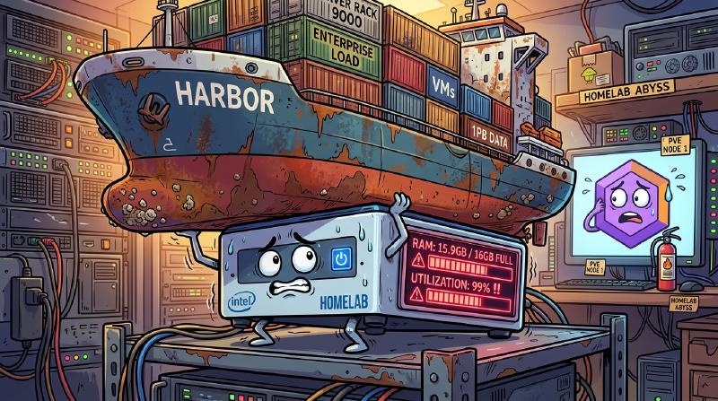 A tiny Intel NUC mini-PC trembling under the weight of a massive Harbor container ship