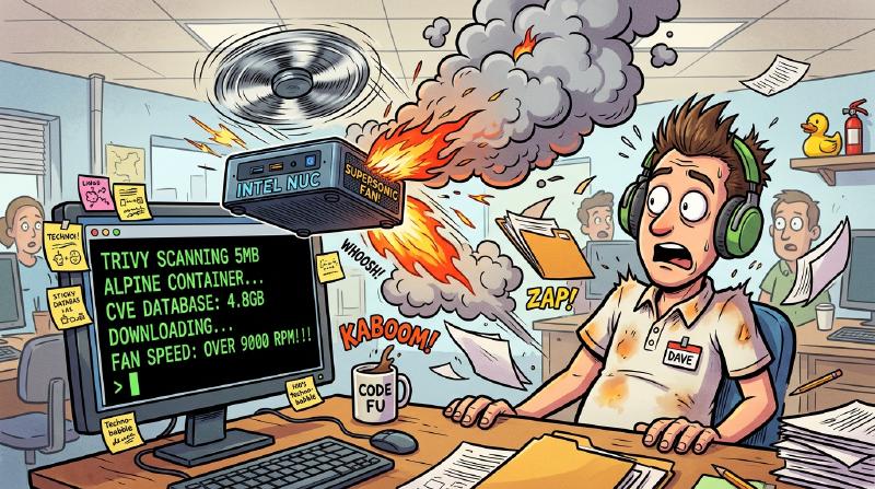 An Intel NUC mini-PC blasting off like a rocket due to high fan speed while scanning an image