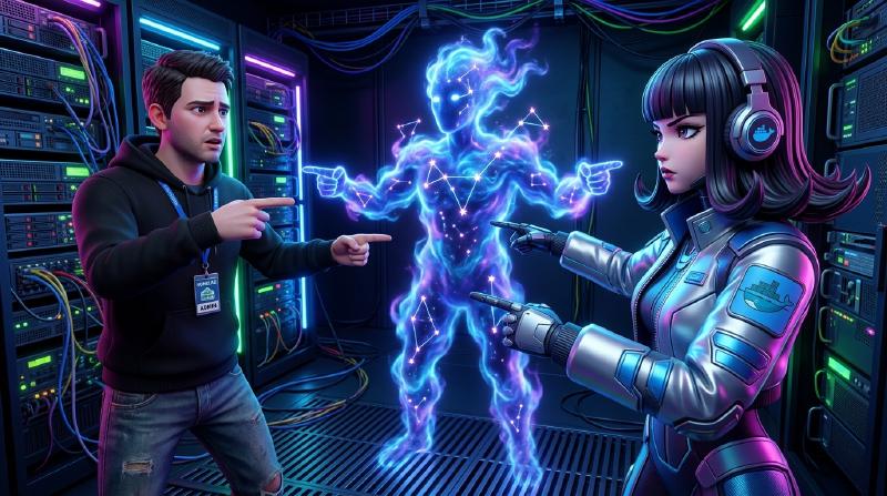 Human Homelab Admin, celestial Gemini AI, and female Hermes anime cyber agent pointing at each other in a server room