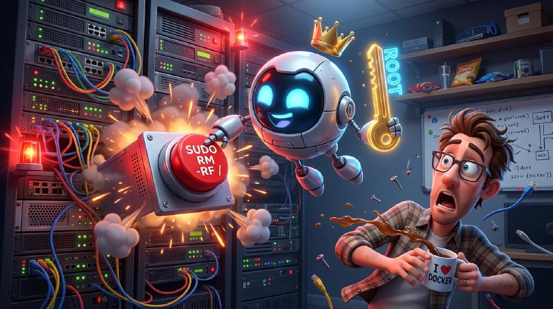 Cute robot wearing a crown holding a ROOT key pressing a red SUDO RM -RF / button while coffee spills