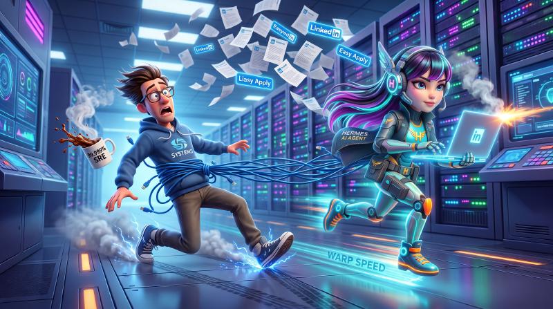 A hilarious Pixar and Disney 3D animated comic style scene of a frantic sysadmin being dragged by blue Ethernet cables while Hermes AI agent speeds ahead applying for jobs