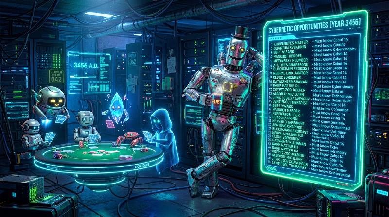 Futuristic shiny robot leaning against a holographic job listing in year 3456 while AI agents play poker