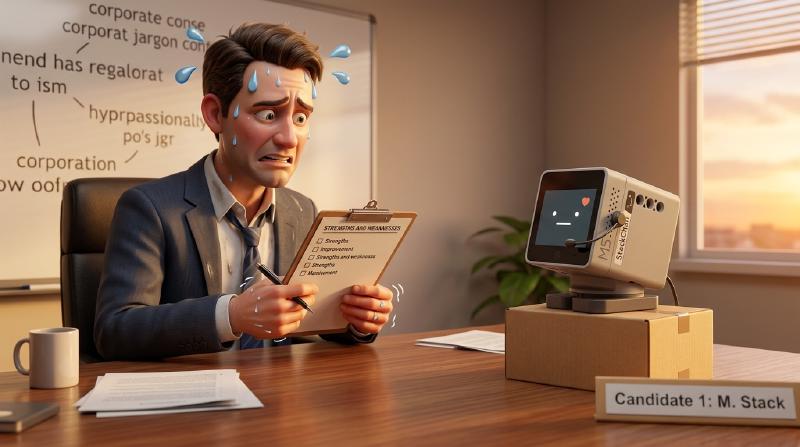 Stressed HR recruiter sweating while interviewing StackChan desktop robot wearing a headset sitting on a box labeled Candidate M. Stack