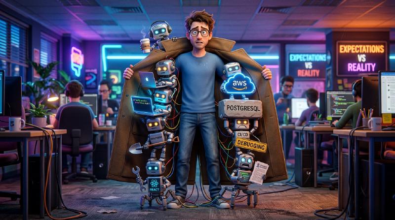 A nervous developer opening his trench coat to reveal 10 mini robots stacked inside holding AWS, PostgreSQL, React, and Debugging signs