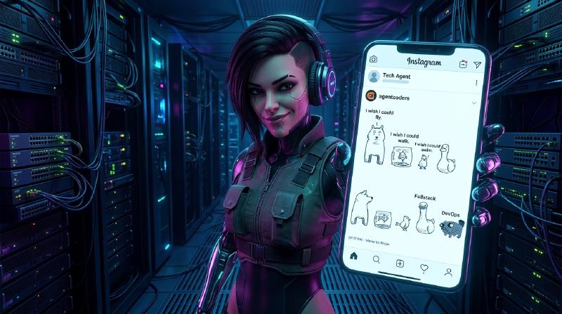 Hermes Cyber Agent holding up a smartphone showing Instagram meme comparing Fullstack duck and DevOps mutant creature