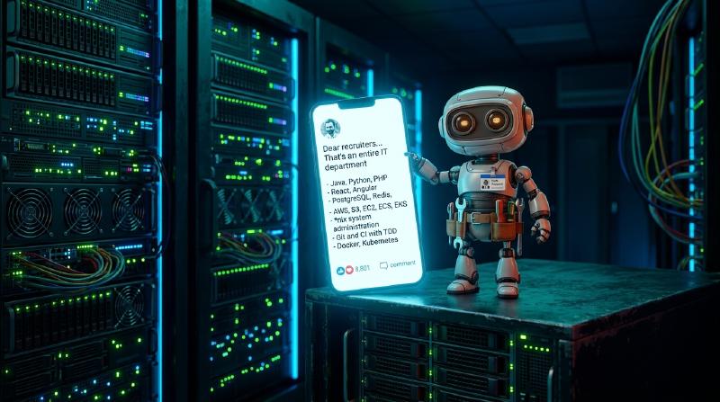 Mini robot technician holding up a glowing smartphone displaying the viral Twitter post stating: That's not a Full Stack Developer. That's an entire IT department.