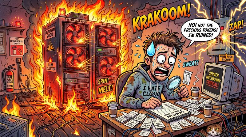 Homelab developer stressing over token costs while server melts down