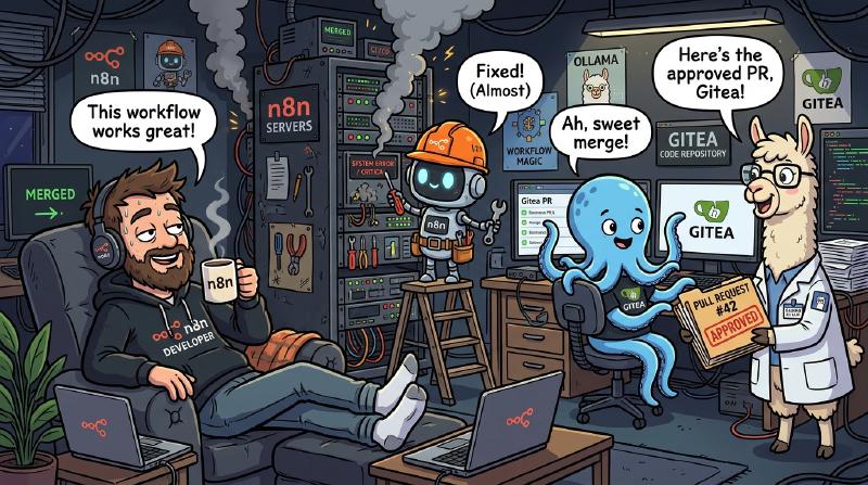 DevOps engineer sipping coffee while n8n and Ollama handle PRs