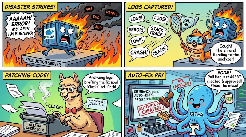 Four-panel comic of SRE log triage automation