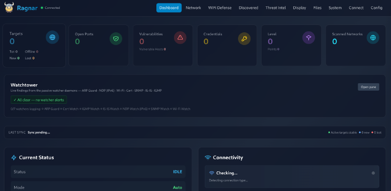 Ragnar web UI showing network scanning dashboard