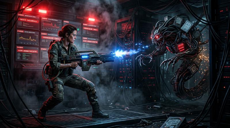 Lt. Ripley with plasma rifle in server room fighting hard drive alien