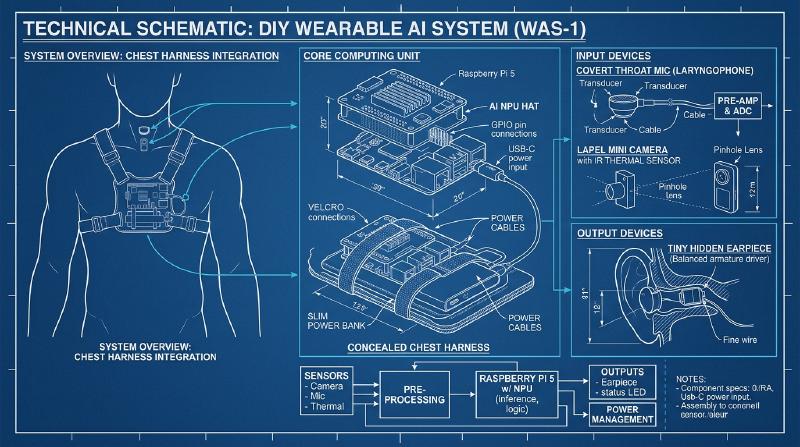 Technical schematic of the DIY Wearable AI System WAS-1 using Raspberry Pi 5