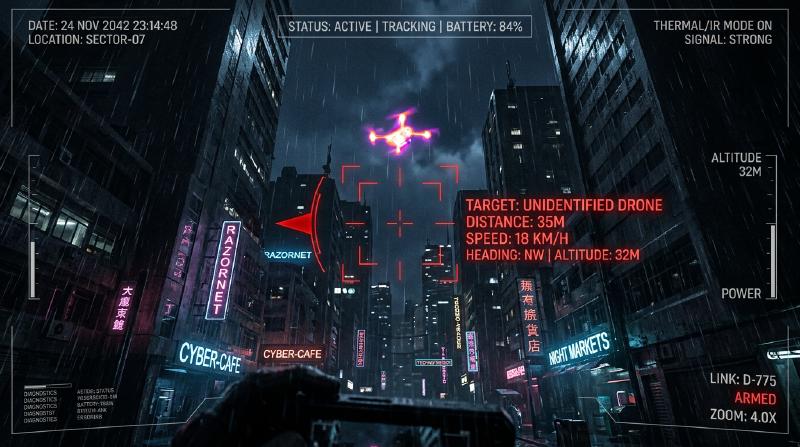 First-person HUD view tracking an unidentified thermal drone in an urban sky at night