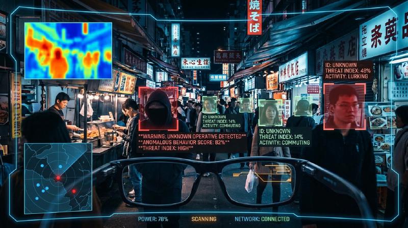First-person HUD view overlaying threat scores and anomalous behavior alerts over individuals in a market crowd