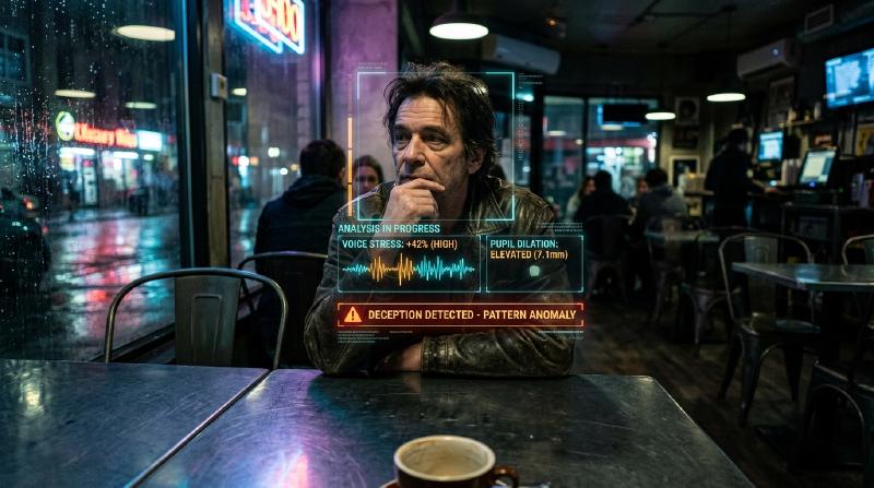 HUD overlay showing voice stress and deception detection during face-to-face interaction