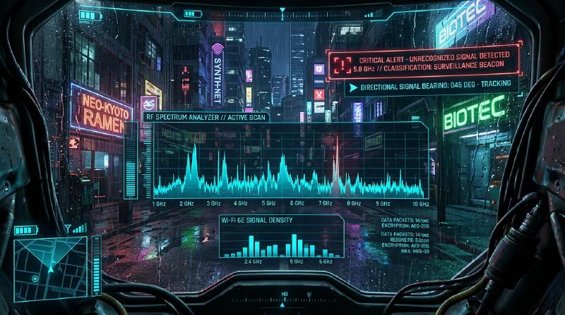 First-person HUD displaying real-time RF spectrum analysis and rogue surveillance frequency alerts