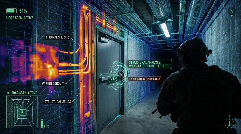 First-person perspective showing LiDAR mesh overlay and thermal lock wiring detection on a heavy door