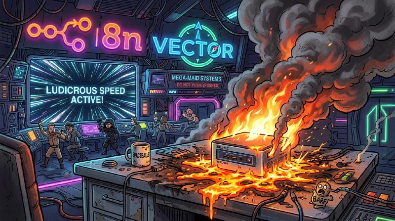 Intel NUC melting into lava on a Spaceballs style control desk