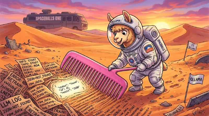 Ollama llama in a spacesuit combing the desert log sand for a clean JSON block