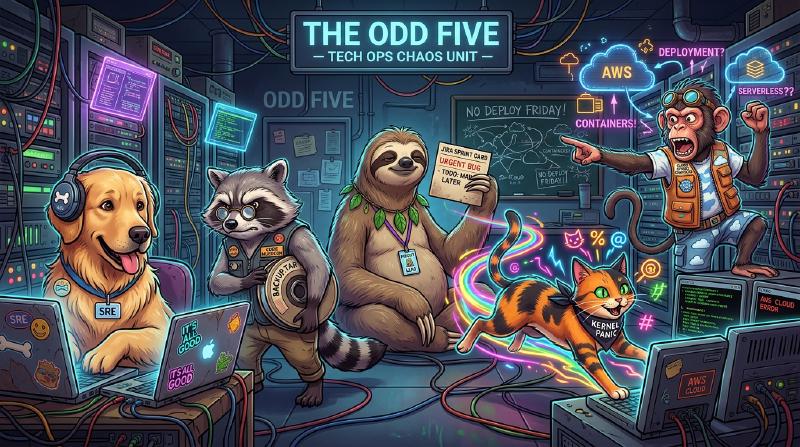The Odd Five chaotic tech operations team in a retro-futuristic server room