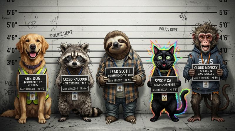 Police mugshot lineup of The Odd Five: SRE Dog, ABC80 Raccoon, Lead Sloth, Sysop Cat, and Cloud Monkey