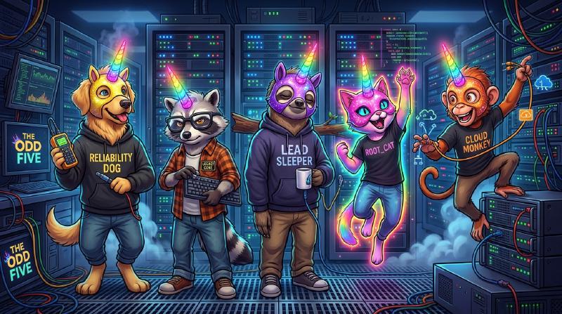 The Odd Five tech ops team standing in a server room wearing glowing rainbow unicorn masks